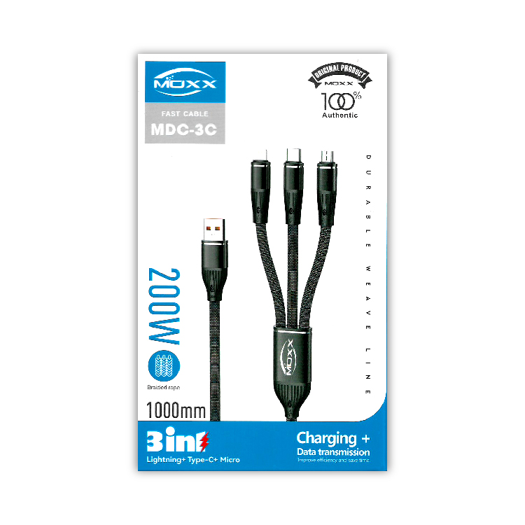 MOXX 3IN1 DATA TRANSFER CABLE | USB-A TO MICRO, IPHONE, TYPE-C | 200 WATT